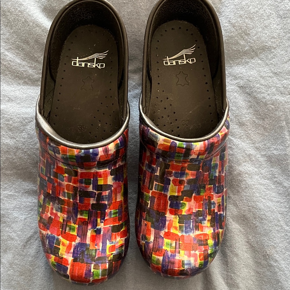 Dansko Multicolor Painted Grid Clogs